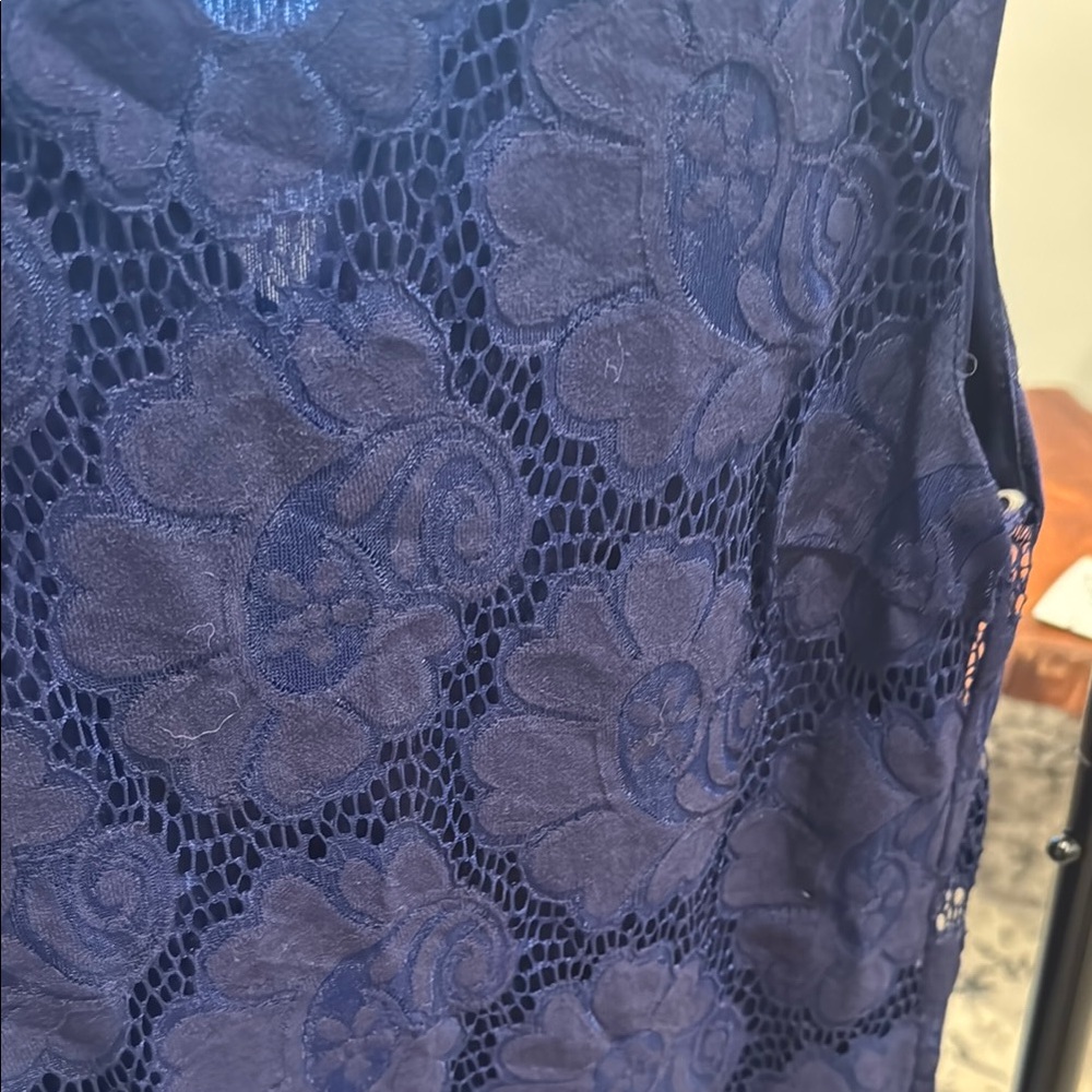 Buttons Blue Sleeveless Mini Dress with Lace - Picture 6 of 7